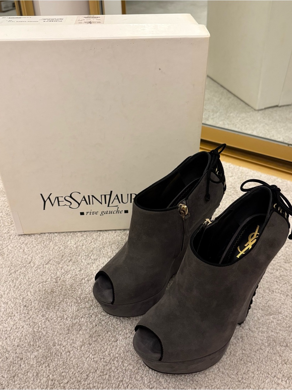 Yves Saint Laurent Charcoal Suede Peep-Toe Platform Booties